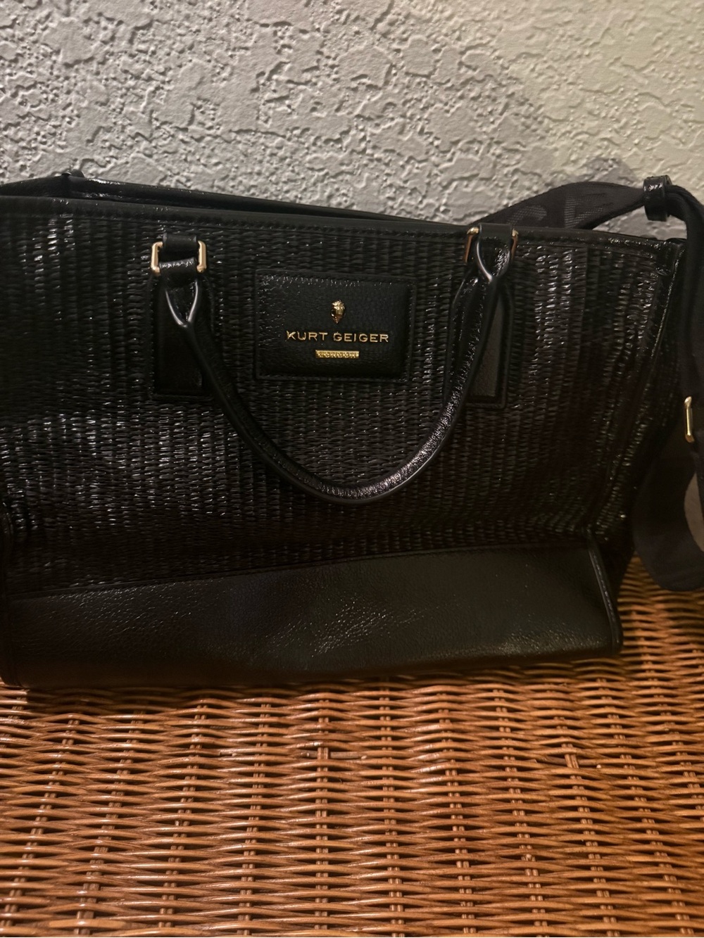 Kurt Geiger Black Woven Leather-Trim Tote with Gold Hardware